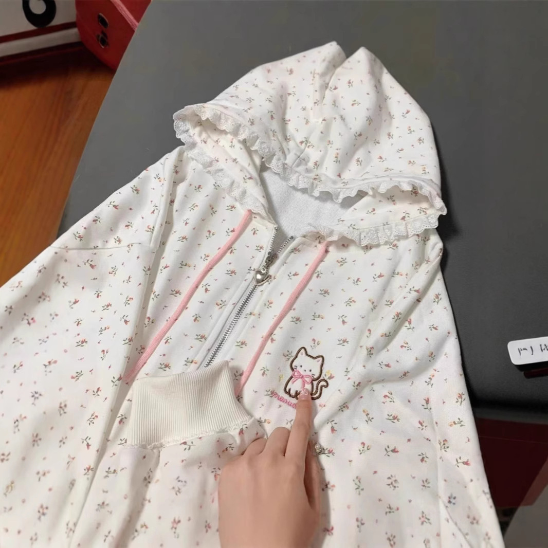 Picture of Thin kitten floral long sleeve zipper sweater hooded coat women's spring and summer Japanese cute cardigan loose top