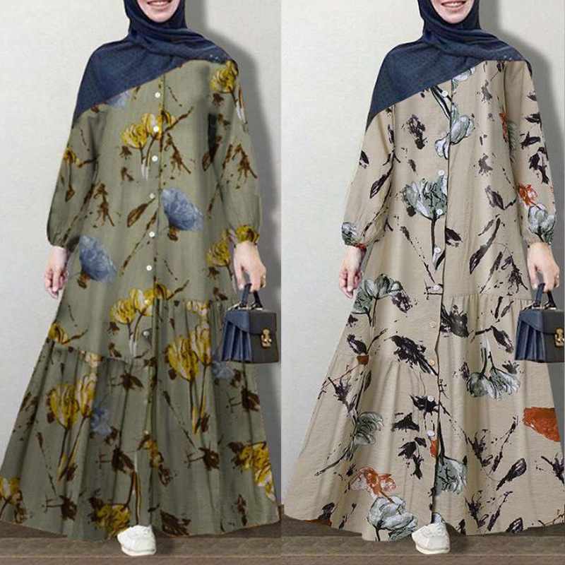 Picture of Muslim Clothing Plus Size Women's Cross-Border Cotton and Linen Long-Sleeved Fashionable Loose Casual Floral Long Dress for Women
