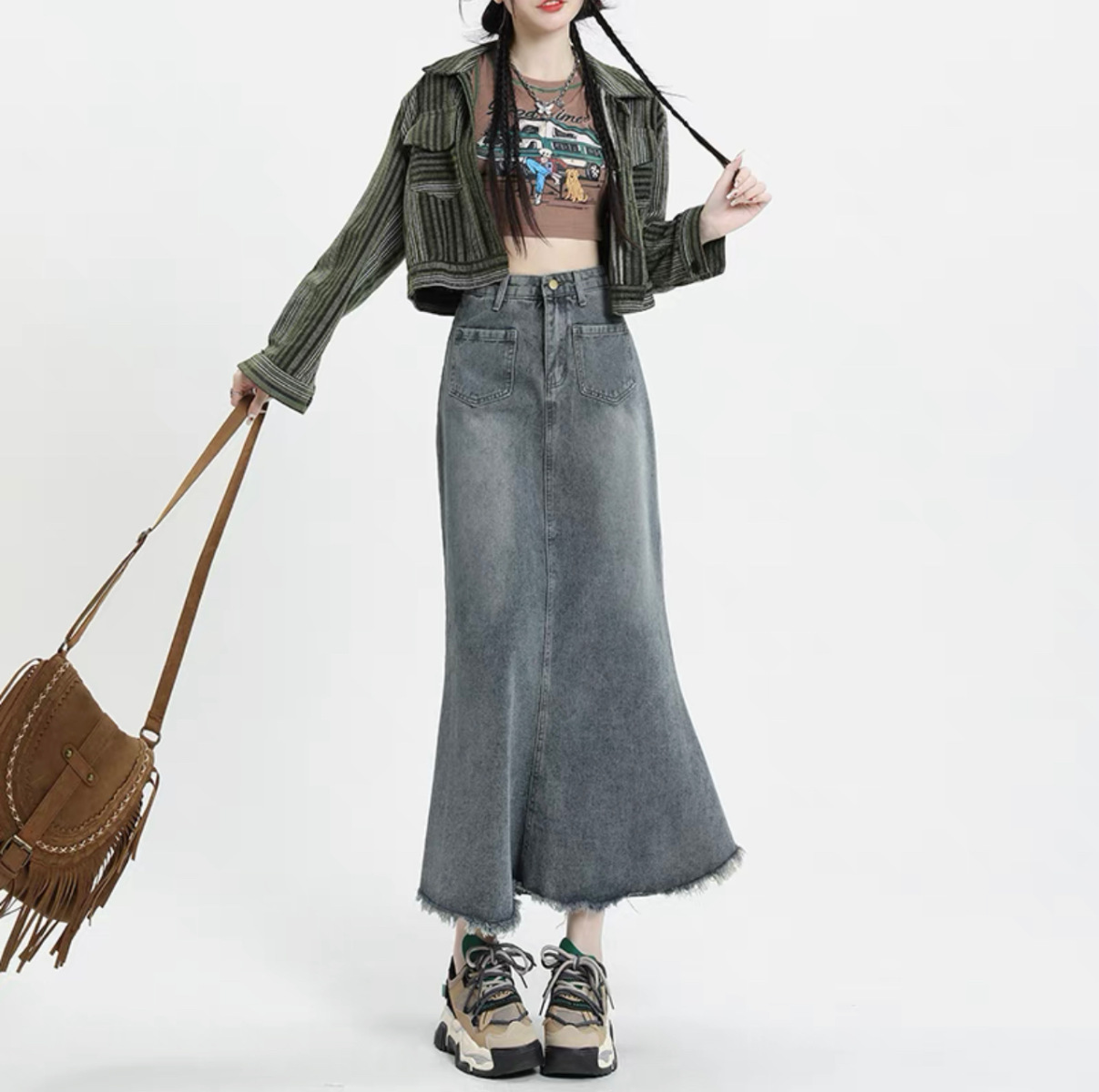 Early Spring Retro Denim Skirt Women's High Waist Design Loose Slim-fit Hip Covering All-match Hip Long Skirt Fishtail Skirt