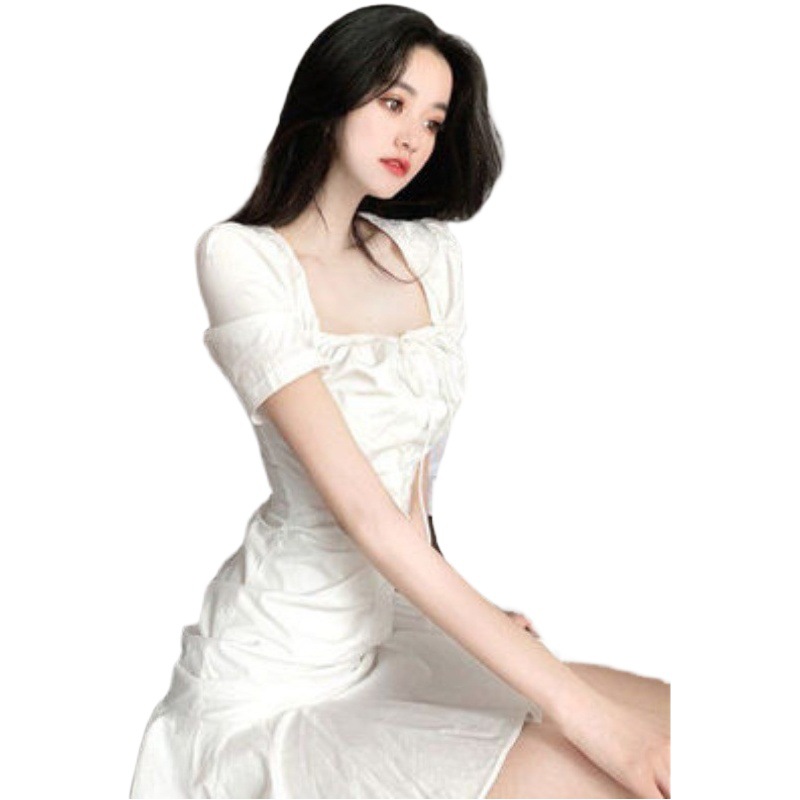 2024 Summer French Fairy Pleated Square Neck Waist Slimming Ruffle Dress Fishtail Hip Short Skirt Trendy