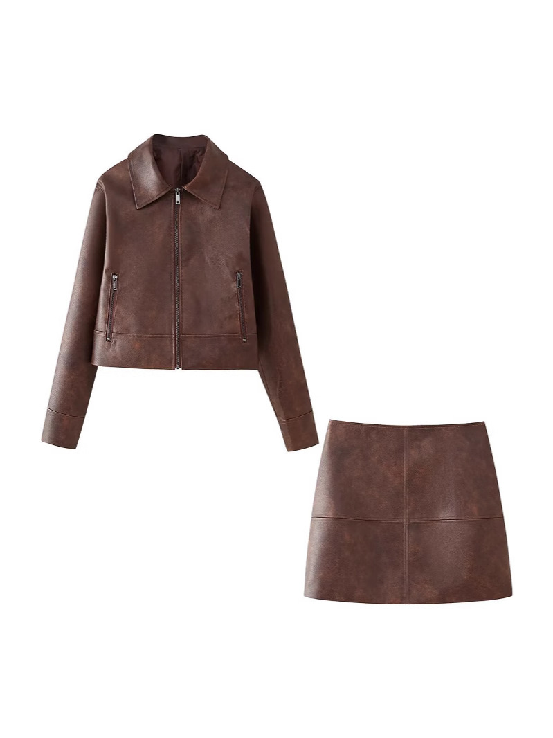 Autumn 2024 New Women's Casual Brown Motorcycle Cool Lapel Leather Short Coat Short Skirt Women's Suit