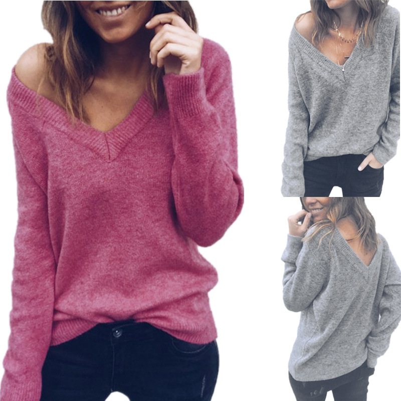 0135 AliExpress wish hot sale European and American woolen large V-neck long-sleeved T-shirt top for women