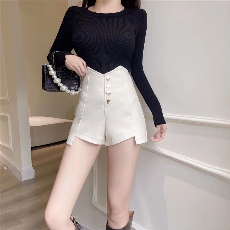 Single-breasted high-waisted black irregular women's 2023 Summer Korean-style fashionable versatile wide-leg A- line shorts