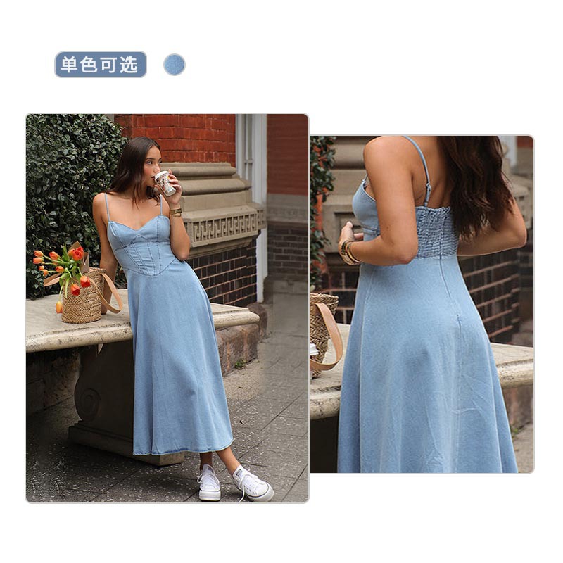 Europe and the United States 2025 spring and summer new cross-border Amazon V-neck sling old sexy wind elastic Denim long dress