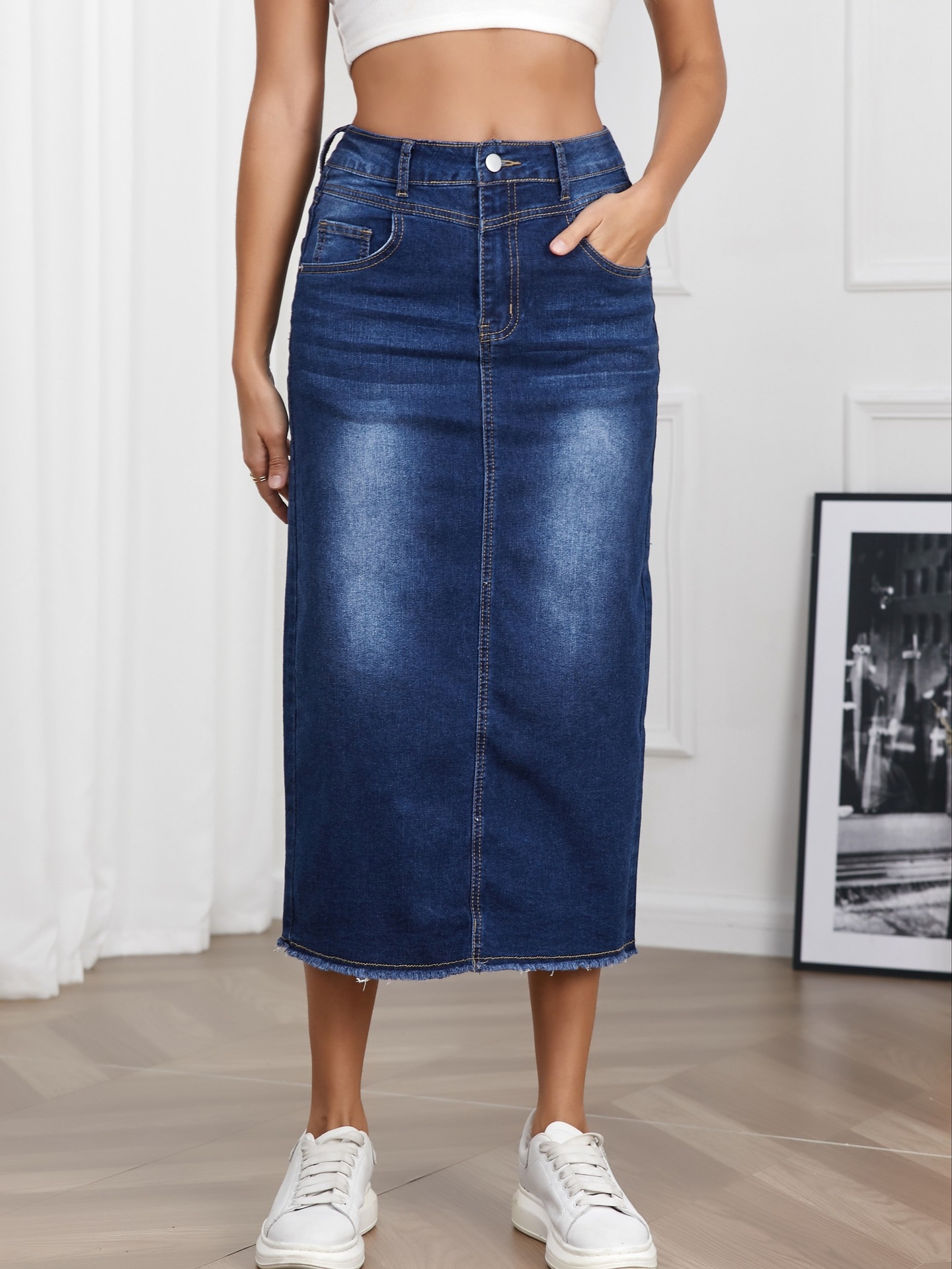 2025 Amazon Best-Selling Blue Raw Edge Skirt Slimming Look Women's Mid-Length Denim Skirt Skirts