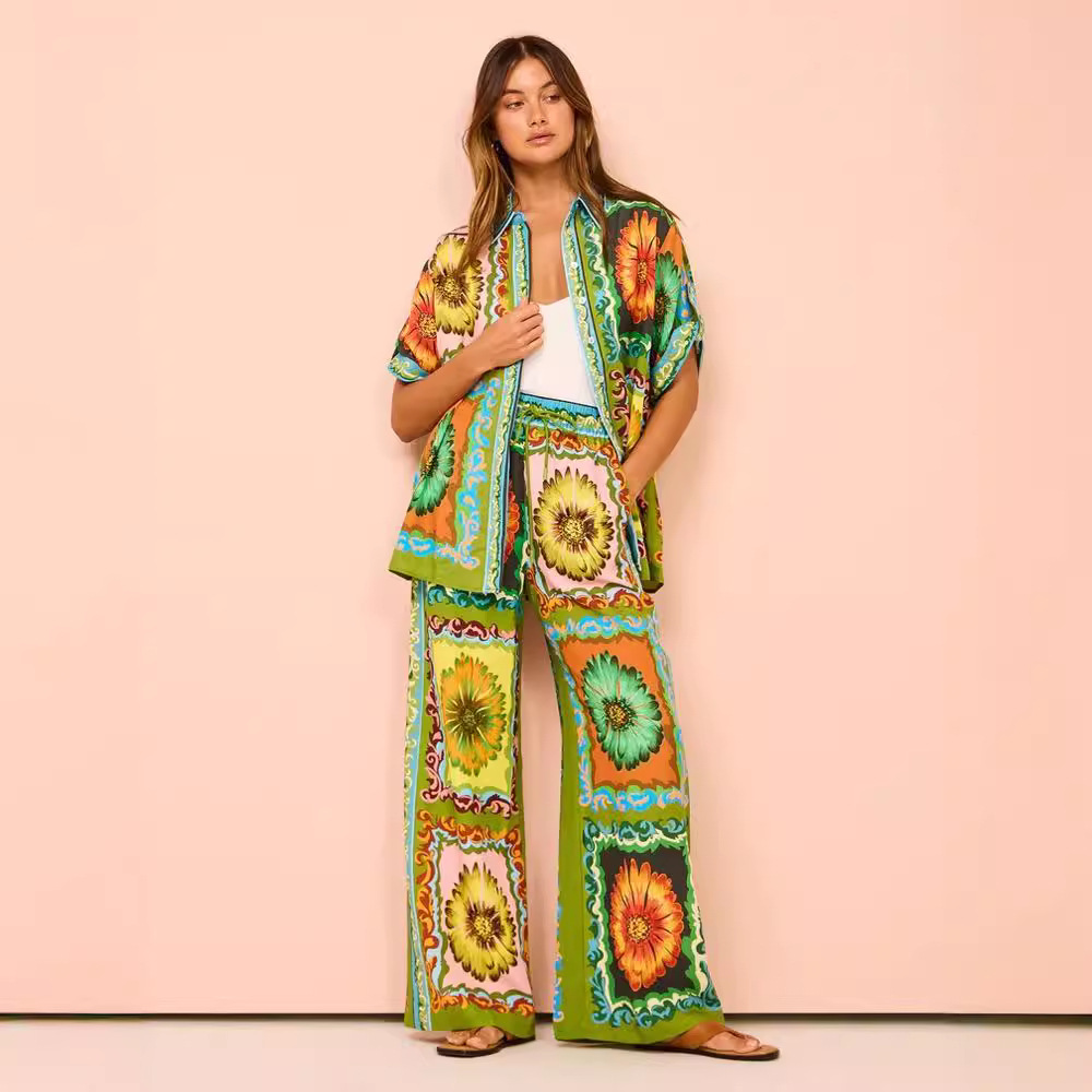 African trade Ethnic Cross-border Two-piece Distinctive Printed Short-sleeved Shirt Loose Tether Trousers for Women