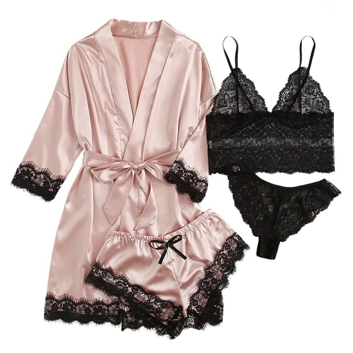 New European and American women's pajamas 4-piece set Lei sling pajamas women's summer suit with nightgown nightdress wholesale
