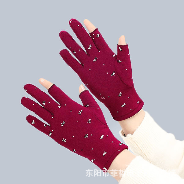 Picture of Women's Gloves with Two Fingers Exposed, Fleece-Lined for Warmth, Suitable for Autumn and Winter Driving, Cycling, Elastic, Student Writing, Cold-Proof, Thickened