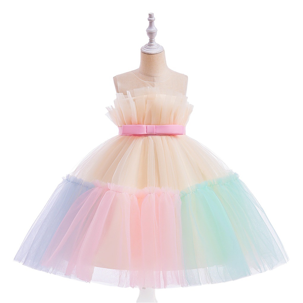 2024 Amazon New Girls Dress Mesh Princess Dress Bow Puff Skirt Children's Birthday Performance Costume