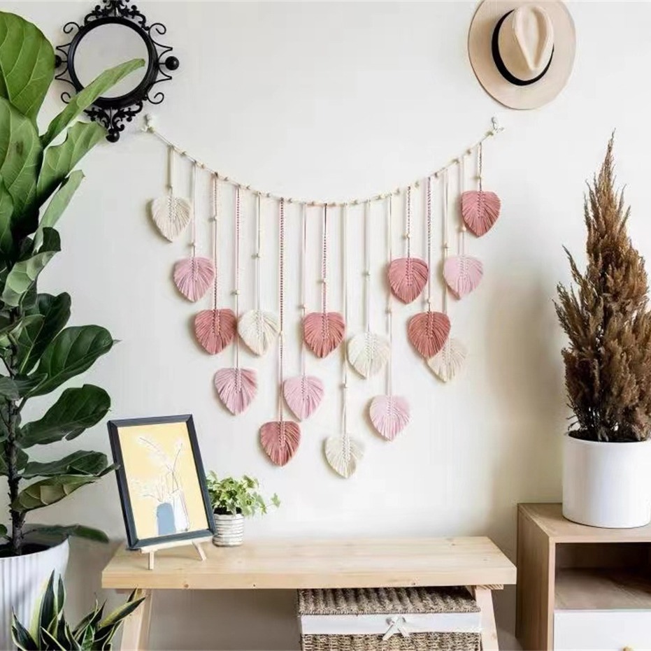 Picture of INS Bohemian Cotton Rope Hand-woven Wooden Beads Leaf Photo Wall Hanging Decorative Tapestries Tassel Wall Hanging