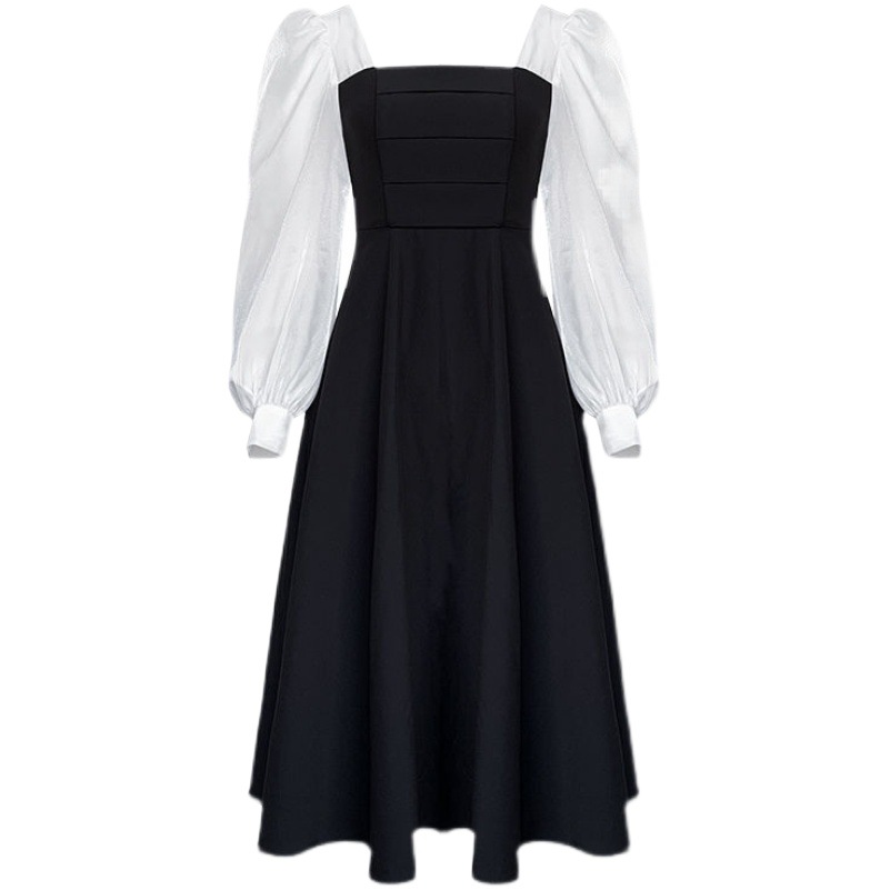 2023 New Autum Style French Socialite Retro Square Collar Long-Sleeved Dress Goddess Style Mid-Length Elegant Little Black Dress