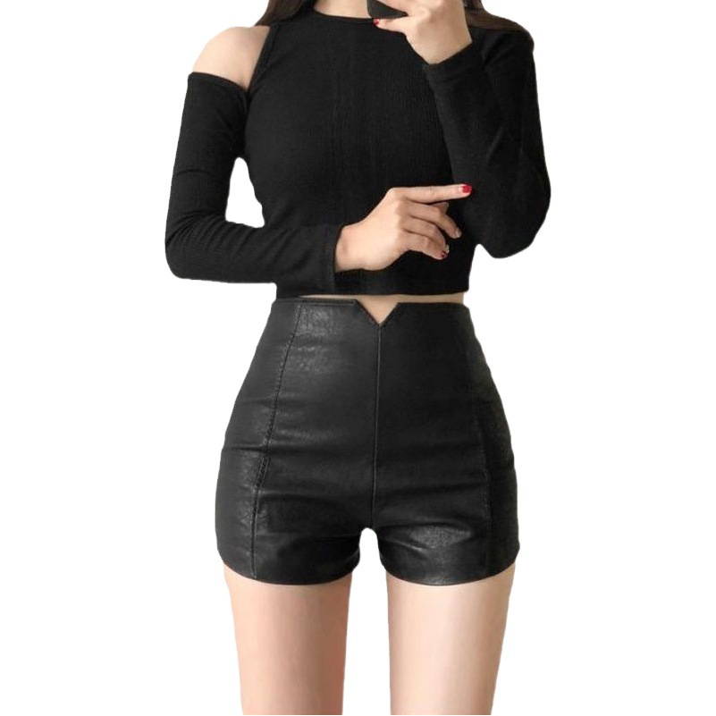 High waist slimming PU leather shorts women's 2023 autumn and winter A- line casual pants bottoming outer wear wide leg pants fashion boot pants