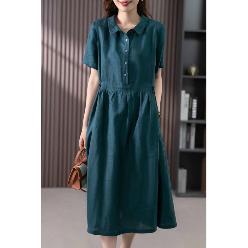 New Cotton and Linen Korean Style Dress for Women 2025 Spring and Summer New Short-Sleeved Shirt Collar Literary Retro Long Skirt