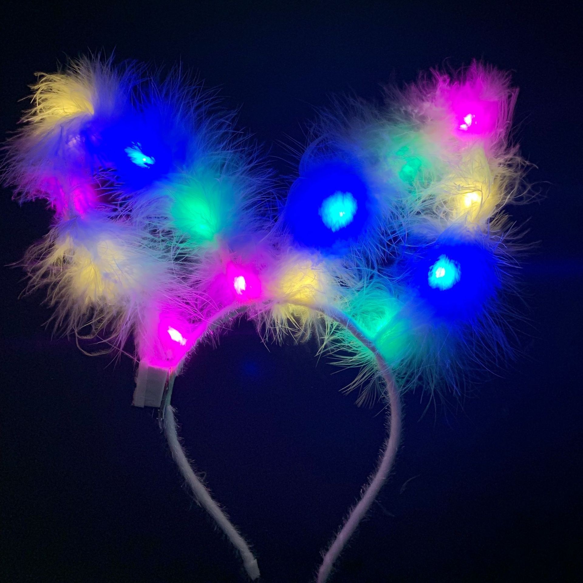 Picture of New 14 lights fox fur lengthened rabbit ears hairband luminous feather wreath night market ground push flash headdress gift