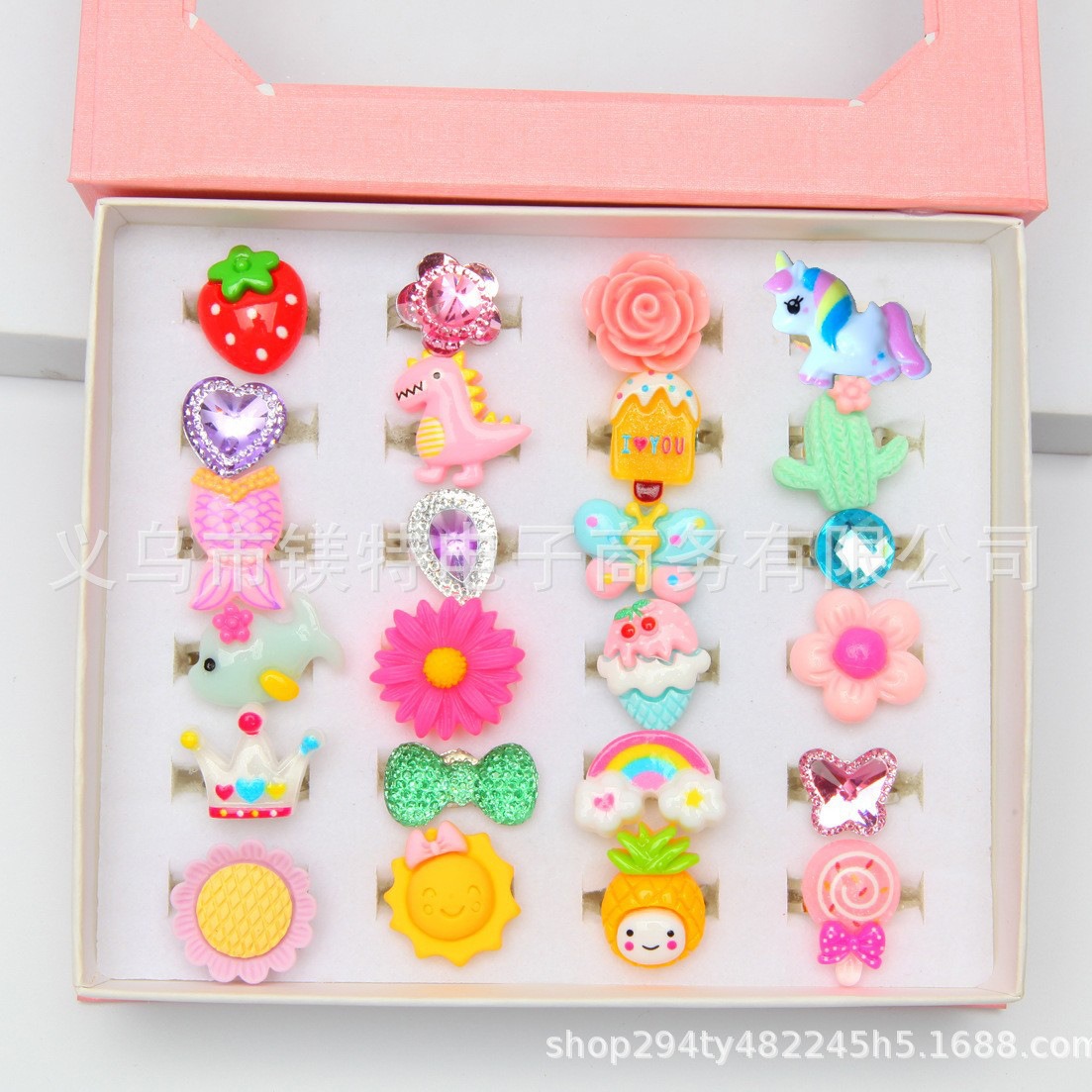 Cross-border Amazon Hot Selling Children's Cartoon Gem Ring Adjustable Size 24 Mei Boxed Girl Dress Up Ring