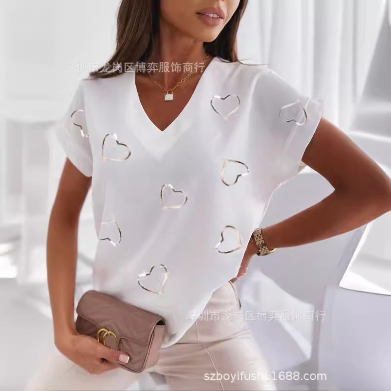 2023 New Hot Independent Station Loose V-neck Love Printed Short Sleeve T-Shirt for Women