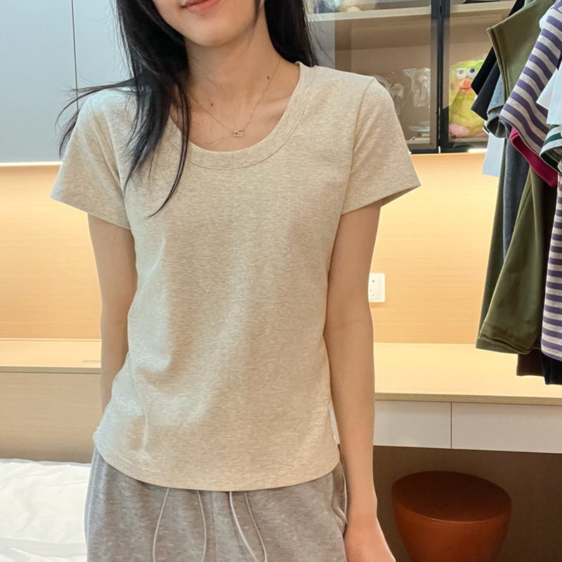 Collarbone U-collar Pretty Top Slim-fit Cotton Grey T-shirt Short-sleeved Women's Summer New Solid Color Base Shirt Instagram Style Trendy