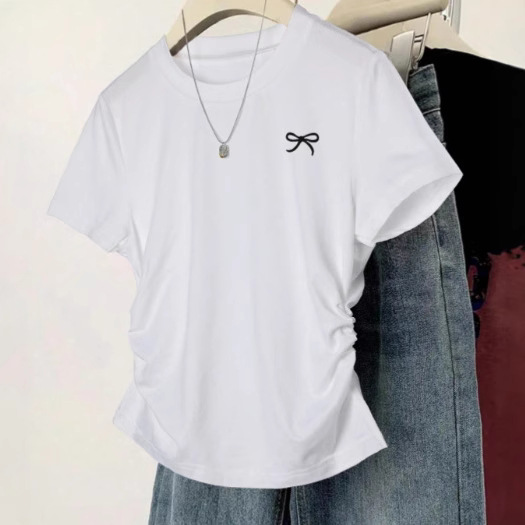 In-Stock Cute Style Regular Shoulder Short-Sleeve T-Shirt with Printed Waist, Slimming, Versatile Korean Version, Slim Fit, Plus-Size, Slightly Chubby Top for Summer