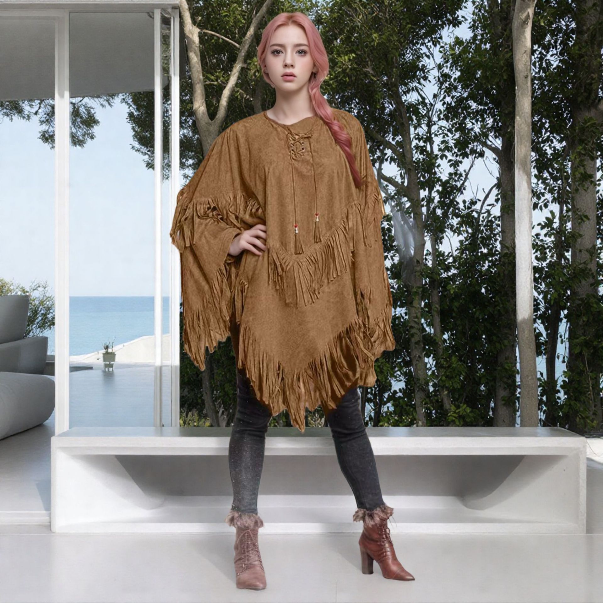 Picture of Cross-Border 2025 New European and American Style Fashionable Large Cape Tassel Cape Vest Loose Large Size Chic Top Export