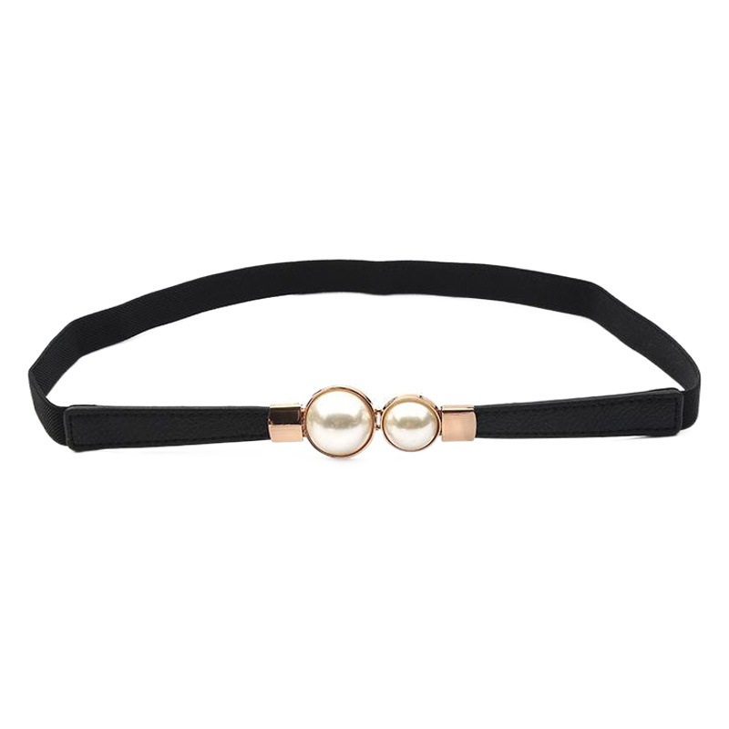French Pearl Buckle Elastic Belt Sweet Women's Elastic Thin Belt Decorative Dress Waist Chain Thin Black and White