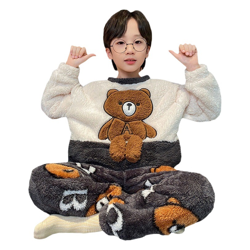 Picture of Autumn and Winter Plush Children's Pajamas Boy's Cute Cartoon Thickened Warm Coral Fleece Children's Home Clothes