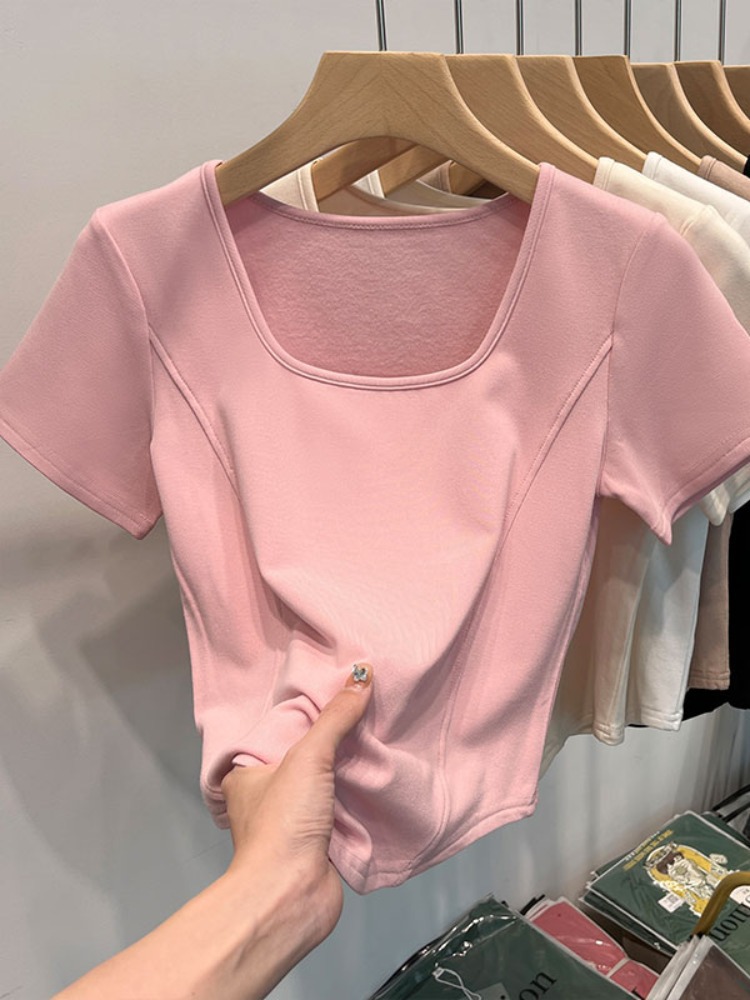 Picture of Square Collar Shoulder White Short-sleeved T-shirt Women's Summer Curved Hem Large Neck Slim-fit Slimming Short Fishbone Top