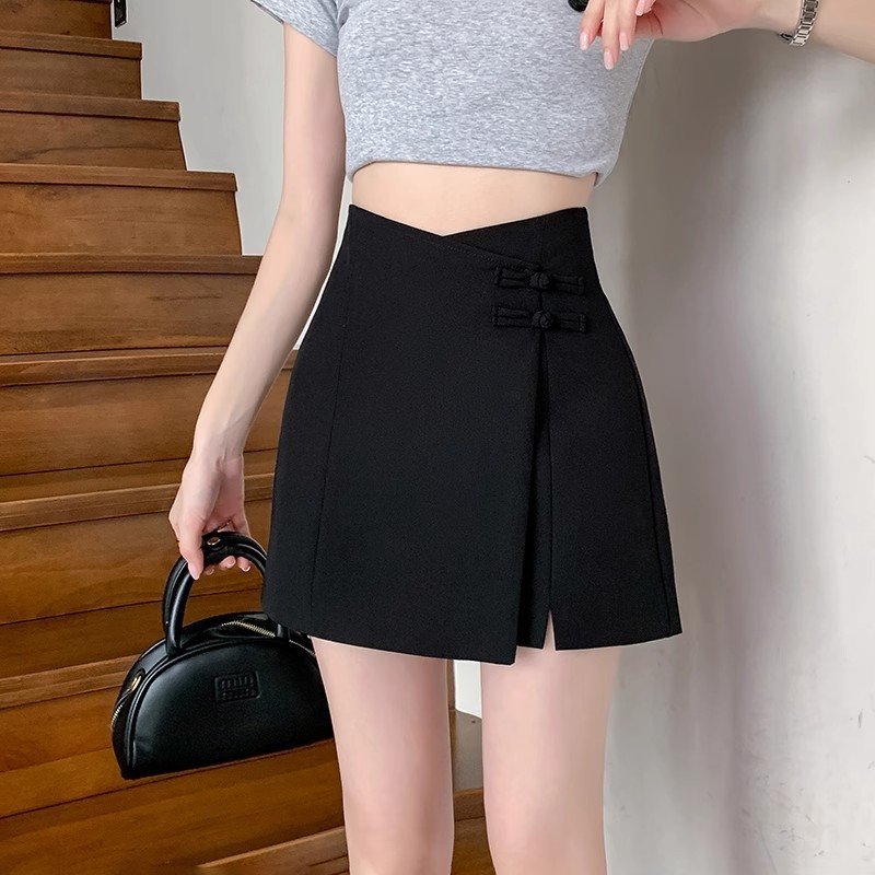 Picture of Grey A- line Short Skirt Women's Spring and Summer New Chinese Style Irregular Buckle Skirt Small Split Suit Culottes