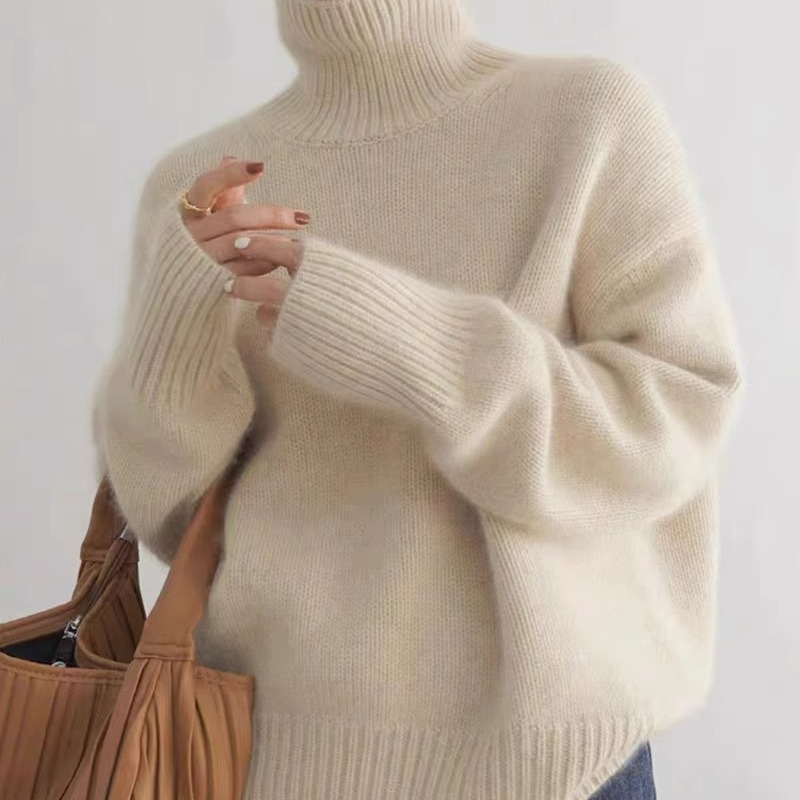 Women's Lazy Style Heavy-duty High Neck Wool Knitwear Autumn and Winter Thickened Soft Waxy Inner Base Sweater Trendy