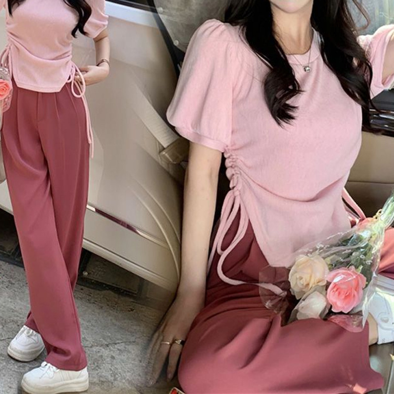 2024 Internet Popular Summer Spice Girls Casual suit Women's Drawstring Bubble Short-sleeved T-shirt Women's Wide Leg Pants Fashion Two-piece Set