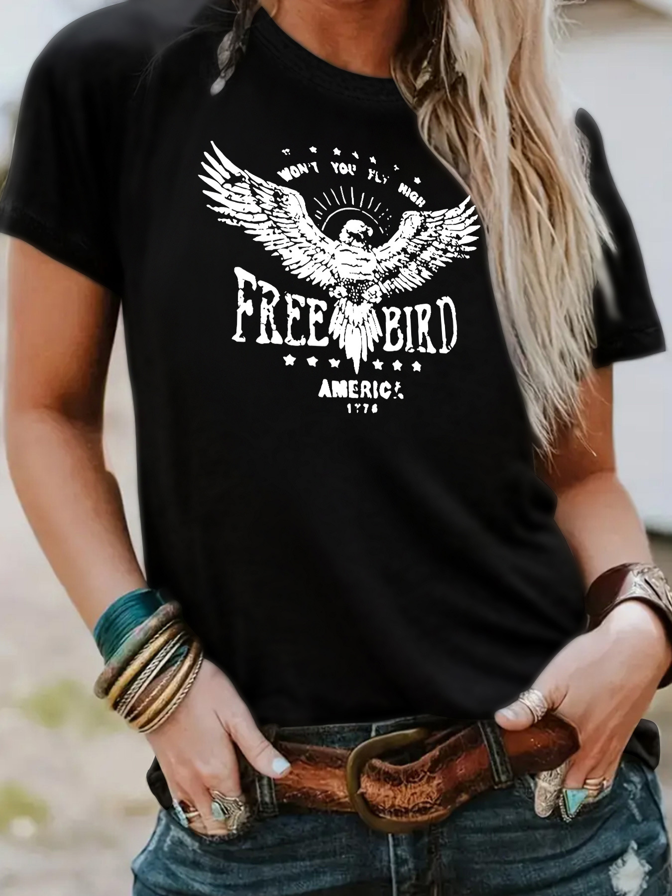 European and American independent station cross-border temperament T-shirt female in stock FREE BIRD eagle printing summer new short sleeve wholesale
