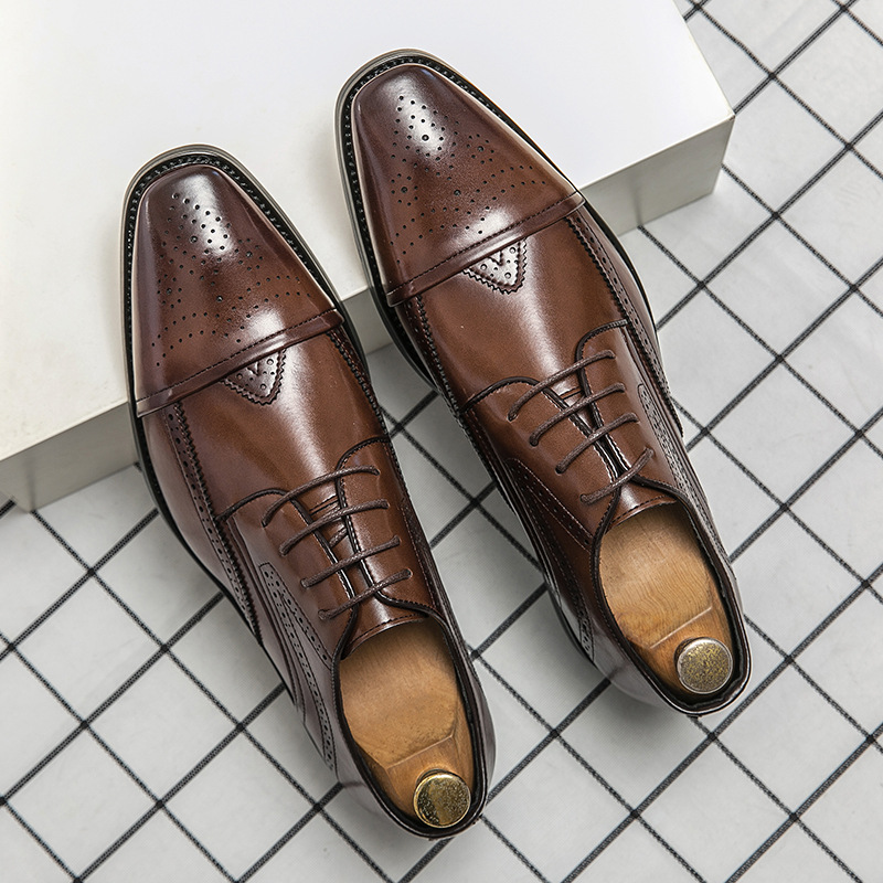 Four Seasons Fashion British Style Low-top Leather Shoes Cross-border plus size Lace-up Business Dress Shoes Bullock Pointed Men's Shoes