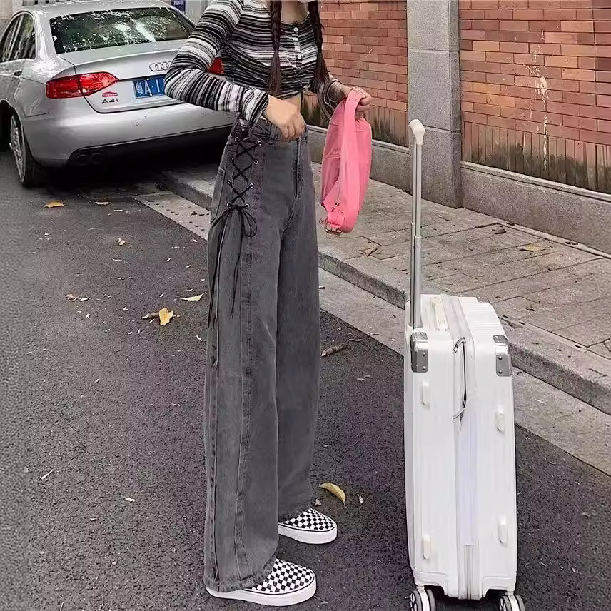 Grey Strap Jeans Girls 2024 New Spice Girls Loose Wide Leg All-match Trendy Straight Design Trousers