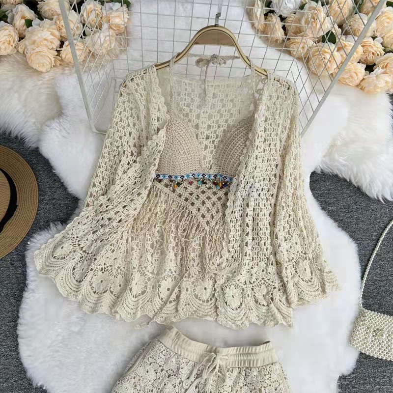 Popular fashion lace long-sleeved sun protection shirt + versatile small camisole + high waist lace shorts three-piece set for women