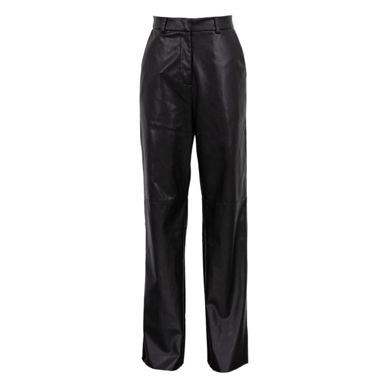 European and American Style Export Women's Clothing 2024 Autum Fashion Pu Leather Mid-High Waist Hip Lifting Straight Women's Casual Pants Women's Pants