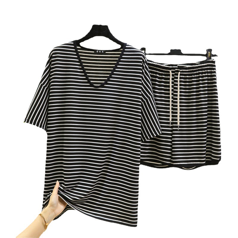 Spring New Korean Style Striped suit Women's Loose V-neck Short Sleeve Mid-length Slimming T-shirt Shorts Two-piece Set