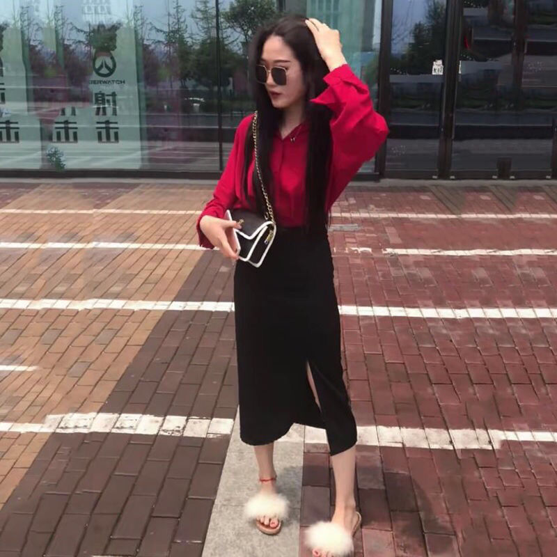 2022 Summer Thin Trendy Large Size Chubby Girls Fashionable All-match Slim-fit Split Sheath Loose Waist Mid-length Dress for Women