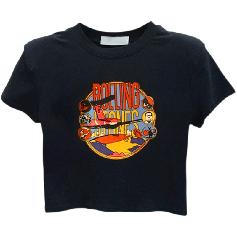 Black Short-Sleeved T-Shirt Women's Ins Women's Summer 2023 New Korean Style High-Waisted Navel-Baring Student Short Top Trendy