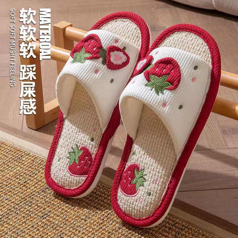 Strawberry Linen Slippers Women's Spring and Autumn Breathable Home Non-Slip Sweat-Absorbing Sweet Soft Bottom Silent Floor Slippers Women's Four Seasons