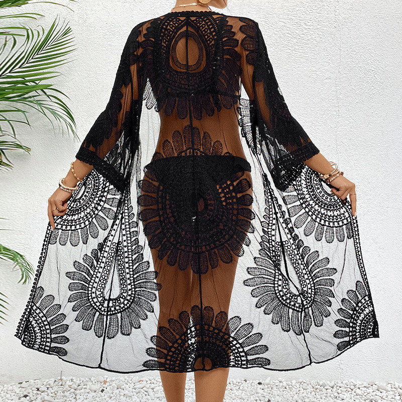 [Customized] New Lace Embroidered Kimono Cardigan Amazon Hot Swimwear Bikini Outer Beach Blouse