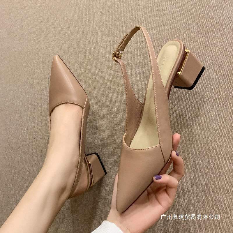 Picture of Semi-toe sandals, women's thick heels, mid-heels with skirts, spring/summer 2025 new fashion, pointed-toe French shoes