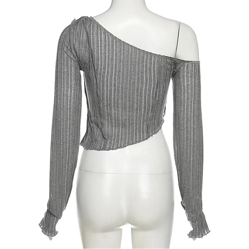 European and American Style 2021 Autumn Cross-border Fashion New Women's Solid Color Oblique Collar Slim Fit Pleated Sexy Perspective T-shirt for Women