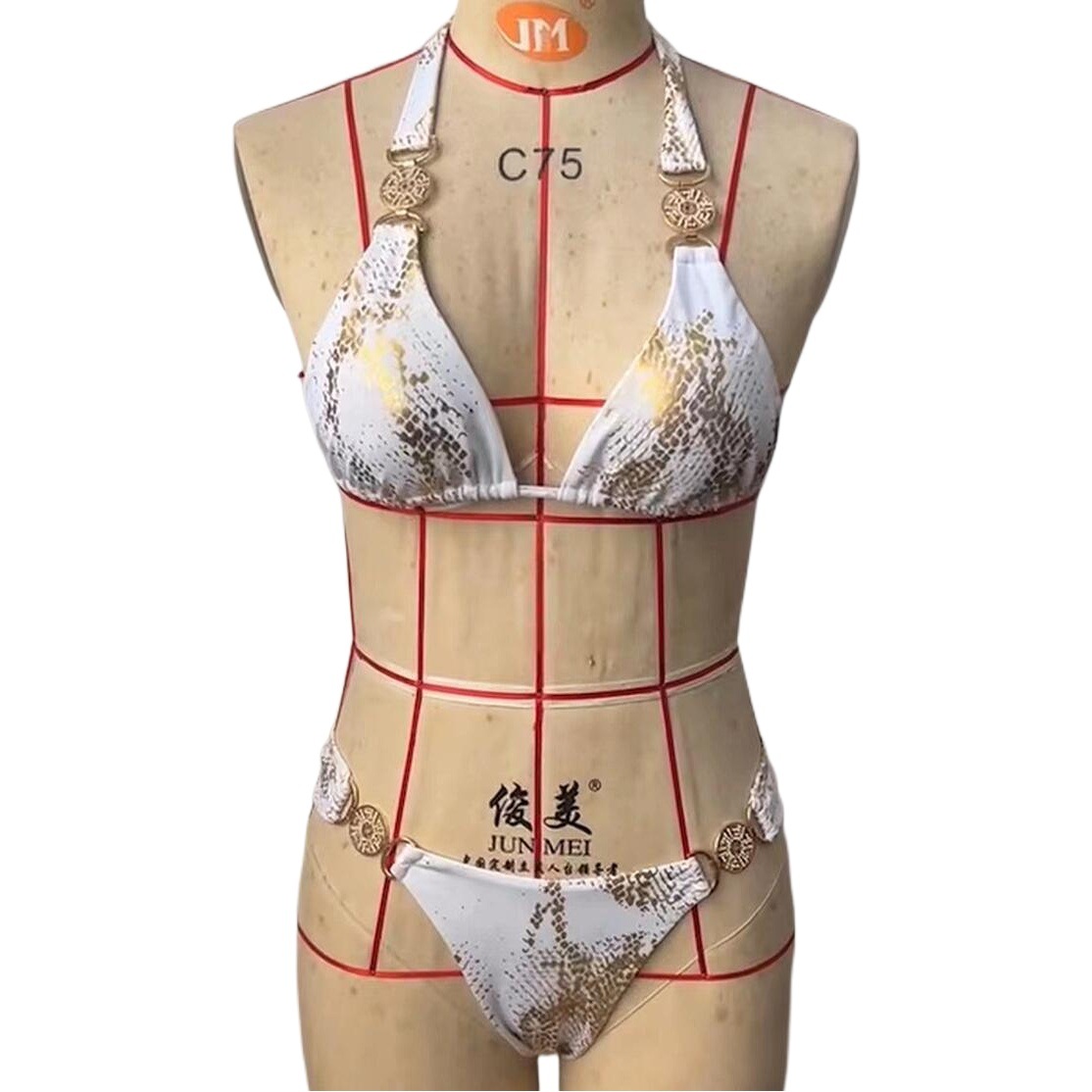European and American Ins New Snake Pattern Bronzing Bikini Crystal Diamond Metal Accessories Split Women's Swimsuit Vacation Swimsuit