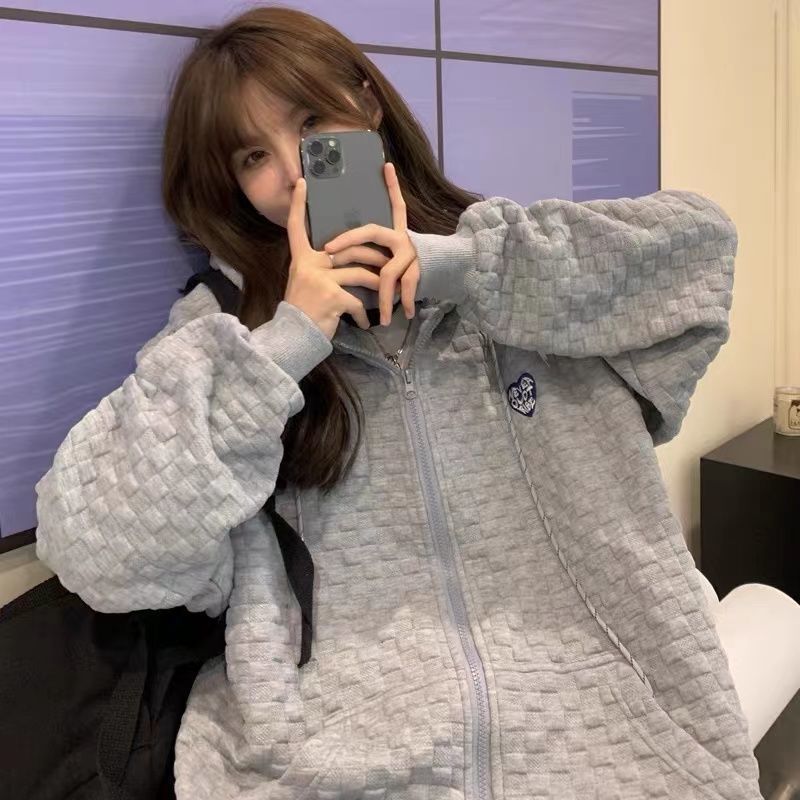 Picture of High Street Hiphop Waffle Heart Sweatshirt Women's Spring & Fall Loose Ins Lazy Style Thin Student Large Size Jacket