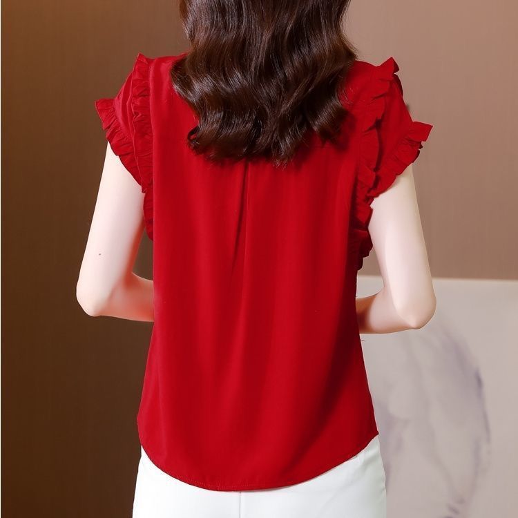 Picture of Age-Reducing Belly-Covering Slimming Doll Collar Chiffon Shirt Women's Short-Sleeved Summer Stylike Top Solid Color Ruffled Shirt
