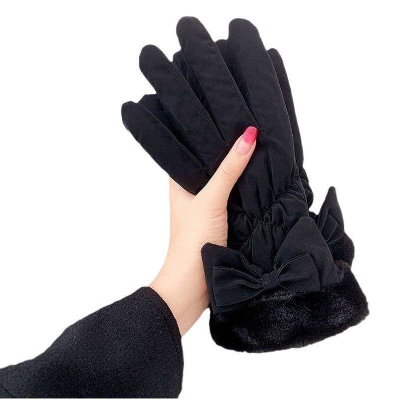 Down Cotton Gloves Women's Winter Bow Fingers Plus Fleece Windproof Cold-proof Skiing Five-finger Warm Touch Screen Cycling