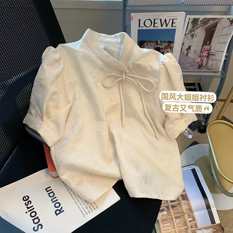 Real Price Summer New French Style Retro Stand Collar Puff Sleeve Shirt Women's Design Sense Chic Short Short Sleeve Top Trendy