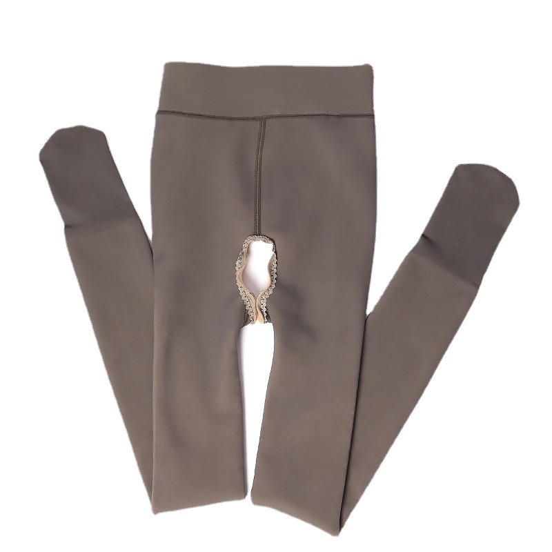 Picture of Stewardess Gray Sheer Open-Crotch Sexy Leggings for Women, Autumn and Winter Fleece-Lined Thick Faux-Sheer Pantyhose, Hip-Lifting and Shaping