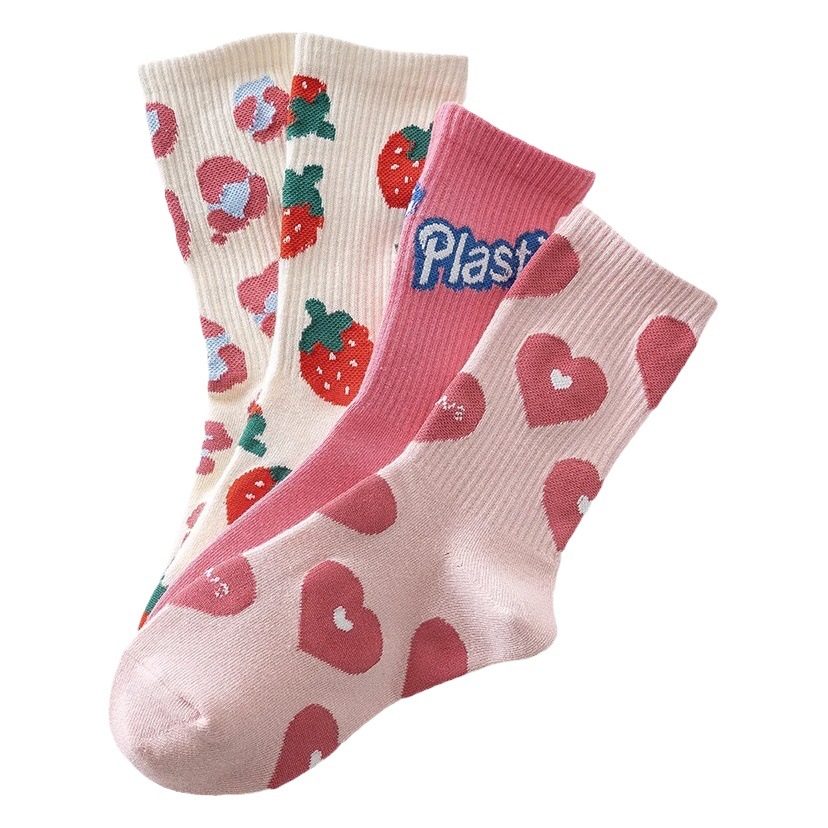 Autumn and Winter Pink Cute Flower Love Letter Casual Mid-Socks Simple All-match Instagram Popular Mid-Socks Women's Socks