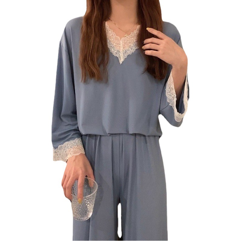 Ice Silk Pajamas Women's Loungewear 2023 Summer New Long-Sleeved Long Pants Lace Trim Two-Piece Set Cool and Thin