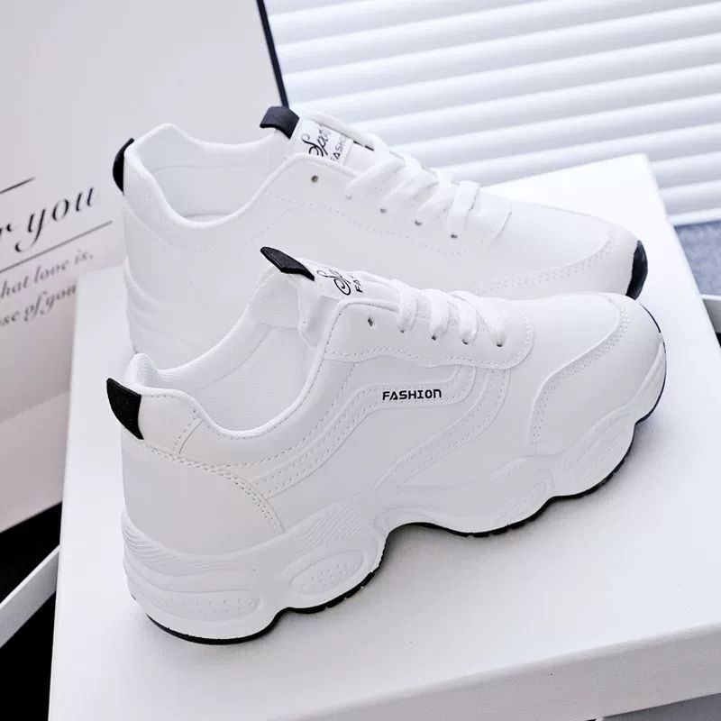 2023 New Leather Breathable White Shoes Women's Autumn Korean-style All-match Casual Shoes Skate Shoes Soft-soled Sports Running Shoes